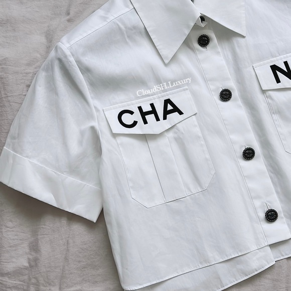 ❌❌Chanel Logo White Button Up Crop Top Shirt Sz.34 - Popular & Rare - Picture 2 of 16